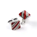 Boutons de manchette carrés argentés avec bandes émaillées rouges et strass pour hommes. - Style Carré Rayures Diagonales Rouge Argent (B1135RE) / Rouge