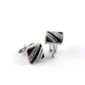 Boutons de manchette carrés argentés pour homme avec émail noir et strass brillants. - Style Carré Rayures Diagonales Noir Argent (B1135BL) / Noir