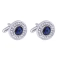 Boutons de manchette ronds argentés avec pierre centrale bleu foncé et strass - Bleu