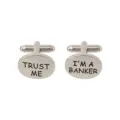 Men silver metal oval cufflinks engraved funny phrase letters shirt suit wedding accessories - Banker Style (B1409)