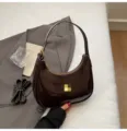 Dark brown patent leather shoulder bag, trendy minimalist baguette bag for women daily wear. - Coffee