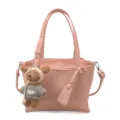 Pink leather shoulder bag women tote handbag with cute bear plush pendant daily commuting chic - Pink