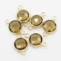 Gold round crystal connectors, brown faceted stone double loop charms for DIY jewelry. - 10mm / Coffee