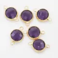Gold tone purple crystal round bezel connectors with double loops for DIY jewelry. - Deep purple