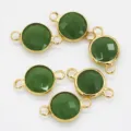 Green crystal round bezel connector with double loops, gold metal edge for DIY jewelry making. - Green Jade