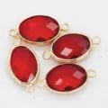 Red Oval Double-Hole Glass Rhinestone Pendant Gold Bezel DIY Jewelry Accessory Parts - Bright Red / 13x18mm