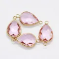 Pink teardrop glass pendant with double holes, gold-rimmed DIY jewelry connector component. - Light Pink