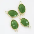 Double loop oval metal bezel green glass stone connectors for DIY jewelry making crafts. - Green Jade