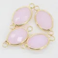 Pink glass double loop oval pendant featuring gold edge for DIY jewelry accessories. - Pink Jade