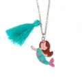 Cute cartoon mermaid pendant necklace with vibrant blue tassel and metal chain for sweet girls. - Teal Tassel Mermaid Style (A3278-GR)