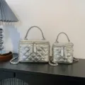 Silver quilted box handbag with chain strap, pearl and rhinestone studded fashion chic. - Silver