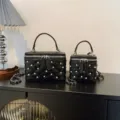 Black quilted box shoulder bag, stylish vanity bag with pearls and chain straps for women. - Black