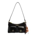 Sac à épaule noir Y2K multi-poches pour femme, sac à main tendance avec perles de bois. - Avec Pendentif / Noir