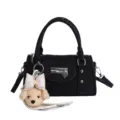 Sac a main bowling noir pour femme, sac bandouliere chic en cuir PU avec charm peluche chien. - Avec Pendentif / Noir
