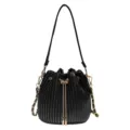 Sac seau plissé noir pour femme, élégant sac à bandoulière en cuir PU avec chaîne. - Noir
