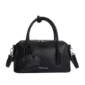 Chic litchi pattern Boston handbag for women, trendy black shoulder crossbody bowling bag. - Black