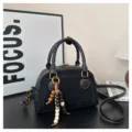 Sac bowling rétro en cuir souple noir sac à main polyvalent avec pendentif perles de bois - Avec Pendentif / Noir