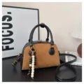 Retro brown suede and black leather patchwork bowling handbag, fashionable crossbody shoulder bag. - With Pendant / Khaki