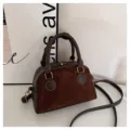 Retro brown bowling bag for women, PU leather and suede patchwork crossbody shoulder bag. - No Pendant / Coffee