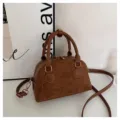 Retro soft leather bowling bag, stylish top handle handbag and versatile crossbody shoulder bag. - No Pendant / Brown