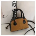 Retro black and brown contrast color bowling bag, PU leather vintage handbag crossbody. - No Pendant / Khaki