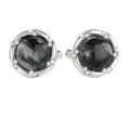Boutons de manchette ronds argentés classiques avec centre en verre noir et strass étincelants. - Noir