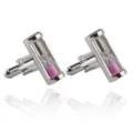 Silver tone hourglass cufflinks with pink sand inside, elegant metal shirt suit accessories. - Pink