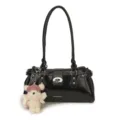 Sac à épaule noir en cuir verni pour femme avec rivets métalliques et un pendentif ours. - Avec Pendentif / Noir