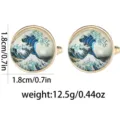 Gold rimmed glass cabochon cufflinks featuring Japanese wave art, size 1.8cm, lightweight. - Ukiyo-e Wave Style (B1371)
