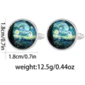 Van Gogh Starry Night cufflinks for men, art print round glass cabochon shirt cuffs. - Van Gogh Starry Night Silver Edge Style (B1376-1)