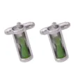 Silver-tone metal cufflinks featuring unique mini hourglass design with green sand for men shirts. - Green