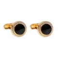 Boutons de manchette dorés ronds classiques avec pierre noire pour chemises hommes - Style Zircone Ronde / B1519-GO-BL noir