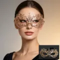 Exquisite rose gold metal masquerade mask with sparkling rhinestones for party events. - Rose Gold