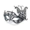 Detailed close-up shot of the black hollow metal rhinestone masquerade mask texture. - Black