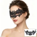 Detailed view of the black lace bat mask showing delicate rhinestone embellishments. - Bat