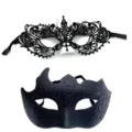 Black lace masquerade mask and glitter half face mask set for Halloween party costume events. - Flame Mask / Black