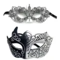 Set of two masquerade masks, silver lace and black painted half face for party use. - Flame Mask / Silver