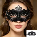 Schwarze Maskenball-Maske mit Strasssteinen, Halbgesicht Metall Design Damen Detailansicht. - Schwarz