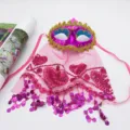 Halloween party belly dance sequin mask with pink mesh veil and festive costume props set - Rose Red