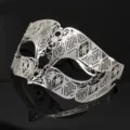 Silver metal filigree masquerade mask with sparkling rhinestones for party events. - Silver White Rhinestone