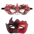 Halloween lace masquerade mask set, red and black couple party half face eye masks for events. - Flame Mask / Red