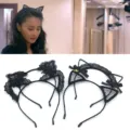 Black lace cat ear headband with cute bow and bell, perfect for party, cosplay and daily wear. - One Size / Set of 4