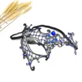 Máscara de mascarada negra de metal con pedrería azul, ideal para fiestas y Halloween. - Cara Derecha Estilo Strass Azul / Negro