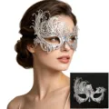 Mascara veneciana de metal plateado con pedreria azul, semimascara elegante para fiesta. - Plateado/Circonita Azul