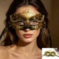 Gouden metalen strass maskerade masker voor vrouwen, half gezicht feest Halloween rekwisiet. - Zwart & Goud