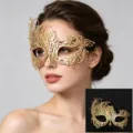 Máscara de mascarada de metal dorado con pedrería para mujer, medio rostro accesorio de fiesta. - Dorado