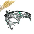 Close up view of black metal masquerade mask adorned with sparkling green rhinestones. - Right Face Green Rhinestone Style / Black