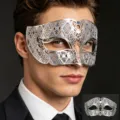 Silver metal masquerade mask for men, filigree hollow design with sparkling blue rhinestones. - Silver/Blue Zirconia
