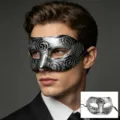 Maschera da uomo mezza faccia intagliata argentata per festa in maschera halloween. - Argento antico