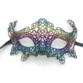 Close up view of the colorful bronzing lace masquerade mask, intricate hollow cutout design. - Fox